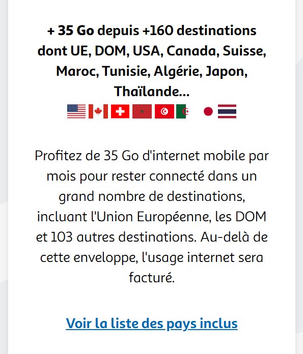 Auchan Télécom Série Spéciale Voyage 官网页面:+35 Go 可用于 160 多个目的地,含欧盟、DOM 及另外 103 个目的地